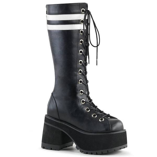Demonia Women's Ranger-320 Knee High Boots - Black/White Vegan Leather D2083-57US Clearance